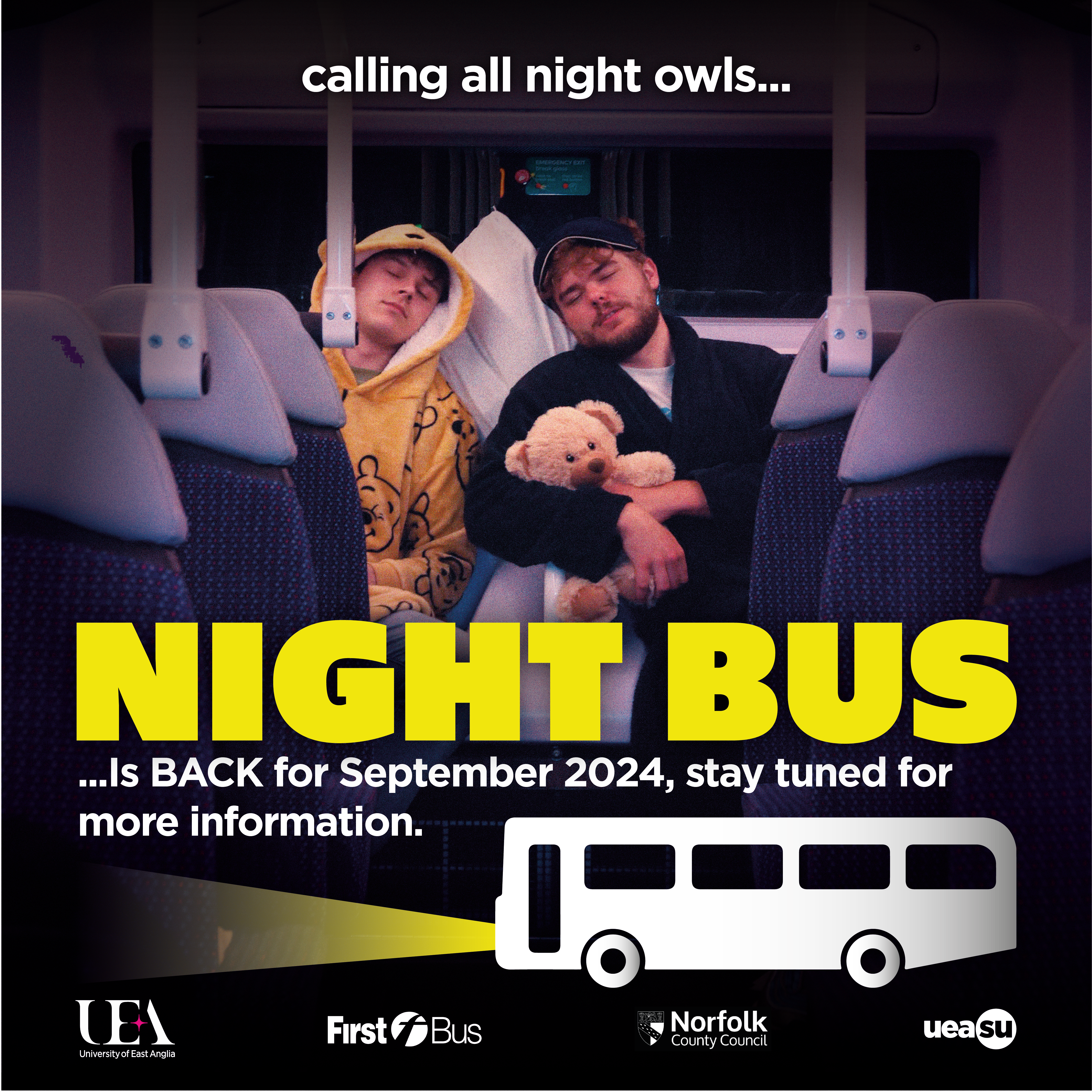 calling all night owls, night bus returns, nathan and luke pictured sleeping on bus